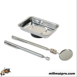 Plateau à pièces magnétique de 64 mm x 93 mm, idéal pour fixation à une boîte à outils ou une rampe pour véhicule.
Outil de préhension magnétique d'une capacité de 0,68 kg (1,5 livre) et d'une portée télescopique de 630 mm.
Miroir d'inspection d'un diamètre de 32 mm et d'une portée télescopique de 500mm.
Idéal pour les électriciens, les garages et les ateliers techniques.
Outil de préhension et miroir équipés de clips de poche
