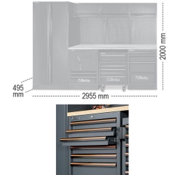 Le nouveau mobilier d'atelier C45PRO, évolution de la gamme à grand succès C45 de chez Beta, se présente sous de nouvelles couleurs, un superbe gris anthracite (ral7016), les poignées alu passent à la couleur orange, et, grande nouveauté, les meubles bas sont maintenant équipés de réglage, permettant une instalation plus facile sur sol irrégulier. 
Donnez un look ravageur à votre atelier, gràce au mobilier d'atelier C45PRO au rapport qualité prix toujours aussi attractif.
1 plan de travail en bois (C45PW/3-2,0MT)
1 module fixe avec deux bobines intégrées (C45PRO ACT)
1 servante mobile avec 7 tiroirs (C45PRO C7)
1 module fixe avec 4 tiroirs (C45PRO M4)
3 armoires muraux (C45PRO PM)
3 panneaux d'outils perforés (C45PRO PF)
3 supports muraux de type large (C45PRO SL)
1 support mural de type étroit (C45PRO SS)
1 armoire à outils à deux portes (C45PRO AS2)