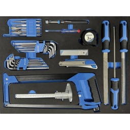 Composition :
- 1 cadre de scie à métaux avec lame bimétallique 300mm
- 1 pied à coulisse 150mm
- 1 tournevis testeur 200-250V
- 5 burins
- 9 clés Torx : T10-T15–T20–T25–T27–T30–T40-T45-T50
- 9 clés hexagonales : 1.5-2-2.5-3-4-5-6-8-10mm
- 1 cutter 18mm
- 10 lames
- 1 attrape-tout aimanté
- 1 mètre ruban 3m
- 1 lime plate 250mm
- 1 lime ronde 250mm
- 1 lime demi-ronde 250mm
