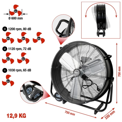 Ventilateur d’atelier inclinable sur roulettes 180 W