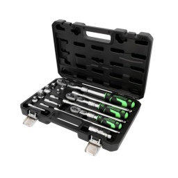 Coffret de cliquets t&eacute;lescopiques &agrave; t&ecirc;te inclinable et rallonges angulaires COMPETITION 1/4" + 3/8" + 1/2" 17 pcs
Selon DIN 3122 / ISO 3315
Carr&eacute; d'entra&icirc;nement avec bille de maintien selon DIN 3120 / ISO 1174
R&eacute;versible
Cliquet pr&eacute;cis 72 dents
Avec syst&egrave;me d'&eacute;jection des douilles
Poign&eacute;e bi-composant et ergonomique
Carr&eacute; d'entra&icirc;nement articul&eacute; avec verrouillage par bille
Angle d'inclinaison de 8&deg; de chaque c&ocirc;t&eacute;
Finition satin&eacute;e
Chrome Vanadium