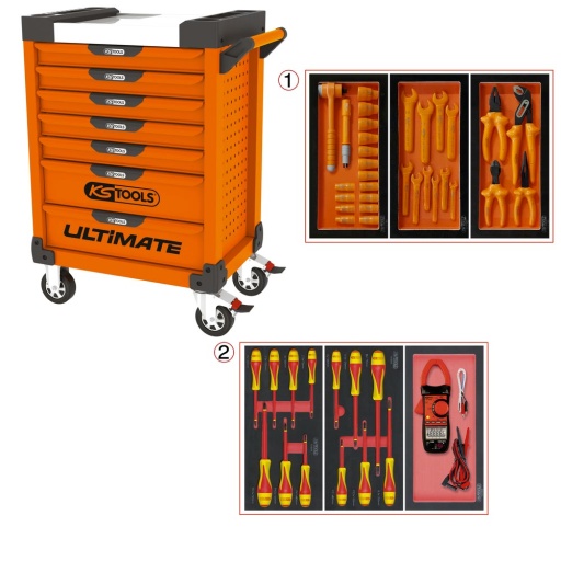 Servante ULTIMATE 7 tiroirs orange équipée de 45 outils isolés