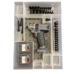 Module mini cle a rochet 1/4 12v
Composition :
- 1 système de rangement OTO
- 1 cle à CHOC 1/4 W1120 ingersoll rand
- 2 batteries 12v
- Douille 6 pans mâles choc 1/4"D : 6, 7, 8, 10mm. longueur: 19.5mm. 3/8" 12, 14, 17, 18, 19mm. longueur: 30mm.
- Douille Torx choc 1/4"D : T10-T15-T20-T25-T27T30. longueur: 19.5mm. 3/8" T40-T45-T47-T50 longueur: 30mm
- Rallonge 1/4 choc 50-75-100-150mm
- Douilles choc 1/4 4-4,5-5-5,5-6-7-8-9-10-11-12-13-14-15mm
- Augmentateur choc 1/4 - 38
