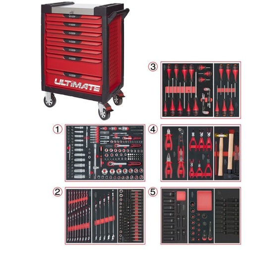 Servante Ultimate rouge 7 tiroirs avec composition 384 outils