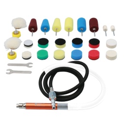 Kit pneumatique léger de 29 pièces pour le polissage de précision des surfaces complexes de véhicules de tous types, pour une finition brillante, uniforme et exempte de marques circulaires.
Contenu : arbre flexible, lubrifiant, 2 clés. Accessoires : 2 tampons de support, 2 tampons en pointe garnis de feutre, 2 tampons de polissage en laine, 2 patins de lustrage, 2 tampons de lustrage, 3 tampons de polissage coniques, 3 tampons de polissage cylindriques, 8 tampons de polissage en mousse
Longueur de l'arbre flexible : 134 cm ; simple rotation pour la marche et l'arrêt, la régulation du flux et le régime
Montage sur flexibles pneumatiques standard de 1/4 po (6,35 mm) ; pression maximale : 90 psi
Régime maximal hors charge : 70 000 tr/min ; régime maximal de polissage avec accessoire : 15 000 tr/min
Tous les consommables sont disponibles séparément. Toujours porter des lunettes de protection lors de l'utilisation de cet outil