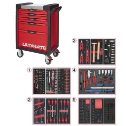 Servante d'atelier 7 tiroirs Ultimate
- Composition 283 outils
Tiroir 1 : Douille 1/4 - douille 1/2 - douille torx femelle et embouts 10mm torx, allen, xzn
Tiroir 2: clés mixtes, tournevis plat, cruciforme, torx
Tiroir 3:pinces, , martellerie, outil de vidange
Tiroir 4: module pneumaticien avec clé dynamon 20-200Nm
Trioir 5: douille choc 1/2 courte, longue, torx et 6 pans mâle
Servante d'atelier kstools. série ultimate. est le modèle de desserte d'atelier. le plus haut de gamme  de la marque. ks tools. 
les tiroirs de la servante d'atelier ultimate, possedent un système de glissière à roulements à billes (résistance 45kg). Equipé du système "one by one"., ouverture d'un seul tiroir a la fois, vous pouvez deplacer votre servante d'atelier sans forcement l'a fermer a clé !
Les tiroirs de cette servante ont une grande capacité. 40cm de profondeur par 57cm de largeur, tout les tiroirs de cette servante d'atelier sont fournis avec un tapis mousse, a installer au fond. 
Le plan de travail des servantes d'atelier Ultimate est recouvert d'un plateau inox et de boitier "range visserie" sur les cotés,
Au niveau du chassis, les pans de cette servante d'atelier sont perfores, se qui vous permet l'instalation de nombreuses options. tel que. un dérouleur de papier, des crochets de fixations...
Cette gamme  de servante d'atelier repond parfaitement au rangement pour le mécanicien, carrossier, mais aussi pour les métiers de l'industrie (rangement d'outils de tours / fraiseuse...) ainsi que des domaines tel que le medical. l'aéronotique...
- construction a pans coupés renforçant la structure du bati
- système "one by one" antibasculement 
- panneau lateral déporté et pré-percé pour fixation de crochet et accessoires
- 2 roues fixes grand diamètre pour une meilleure stabilite et un déplacement aise sur tous types de sols
- 2 roues pivotantes avec système de freinage total
- plan de travail avec rangements et recouvert inox
- tiroirs sur glissieres à billes extra-resistant (45 kg par tiroir)
- tiroirs à ouverture totale
- fermeture totale et simultanee des tiroirs par serrure 
- poignée tubulaire de manutention
- finition "Ultimate"
Composition :
Module 54 pièces douilles et accessoires 1/4’’ ref : 713.1020    
- Cliquet réversible 72 dents
- 1x Poignée emmanchée 1/4’’
- 2x Rallonges 1/4’’ : L. 50 mm et L. 100 mm
- 1x Rallonge flexible : L. 150 mm
- 1x Poignée coulissante T : L. 115 mm
- 1x Cardan universel 1/4"
- 13x Douilles 1/4’’ : 4 - 4,5 - 5 - 5,5 - 6 - 7 - 8 - 9 - 10 - 11 - 12 - 13 - 14 mm
- 8x Douille longue 1/4" : 6 - 7 - 8 - 9 - 10 - 11 - 12 - 13
- 1x Porte embout 1/4" 
- 3x Embouts de vissage Fente 4 - 5,5 - 8 mm 
- 3x Embouts de vissage PHILLIPS® PH 1 - PH 2 - PH3 
- 2x Embouts de vissage POZIDRIV® PZ 1 - PZ 2 
- 6x Embouts de vissage 6 pans : 3 - 4 - 5 - 6 - 7 - 8  mm
- 7x Embouts de vissage TORX® profil E T10 - T15 - T20 - T25 - T27 - T30 - T40
​- 4x Embouts de vissage 12 pans : M4 - M5 - M6 - M8
Module de douilles et accessoires ULTIMATE 1/2'' , 24 pièces ref : 713.1024 
- 1 x Cliquet réversible 72 dents
- 2 x Rallonges : 125 - 250 mm
- 1 x Cadran universel 1/2"
- 1 x Bague coulissante 3/8" x 1/2"
- 17 x Douilles : 10 - 11 - 12 - 13 - 14 - 15 - 16 - 17 - 18 - 19 - 20 - 21 - 22 - 24 - 27 - 30 - 32 mm
- 2 x Douilles longues : 16 - 21 mm
Module d'embouts de vissage et douilles TORX, 88 pièces ref : 713.5010 
- 5 x Douilles TORX 1/4" : E4 - E5 - E6 - E7 - E8
- 4 x Douilles TORX 3/8" : E10 - E11 - E12 - E14
- 3 x Douilles TORX 1/2" : E16 - E18 - E20
- 1 x Douille porte-embouts 1/4" x 1/4"
- 2 x Douilles porte-embouts : 3/8" - 10 mm et 1/2" - 10 mm
- 1 x Rallonge : 30 mm
- 3 x Embouts de vissage Fente : 25 mm x (5,5 - 6,5 - 8,0 mm)
- 3 x Embouts de vissage PHILLIPS : 25 mm x (PH1 - PH2 - PH3)
- 6 x Embouts de vissage PROZIDRIV : 25 mm x (PZ1 - 2 x PZ2 - 3 x PZ3)
- 3 x Embouts de vissage 6 pans : 25 mm x (4 - 5 - 6 mm)
- 15 x Embouts de vissage TORX percé : 25 mm x (2 x T10 - 3 x T15 - 2 x T20 - 3 x T25 - 3 x T30 - 2 x T40)
- 2 x Embouts de vissage Fente : 30 mm x (8 - 10 mm)
- 2 x Embouts de vissage PHILLIPS : 30 mm x (PH2 - PH3)
- 7 x Embouts de vissage 6 pans : 30 mm x (4 - 5 - 6 - 7 - 8 - 10 - 12 mm)
- 9 x Embouts de vissage TORX percé : 30 mm x (T20 - T25 - T27 - T30 - T40 - T45 - T50 - T55 - T60)
- 5 x Embouts de vissage 12 pans : 30 mm (M5 - bM6 - M10 - M12)
- 5 x Embouts longs 6 pans : 75 mm x (5 - 6 - 7 - 8 - 10 mm)
- 8 x Embouts longs TORX percé : 75 mm x (T20 - T25 - T27 - T30 - T40 - T50 - T55 - T60)
- 4 x Embouts longs 12 pans : 75 mm x (M6 - M8 - M10 - M12)
Module de clés mixtes ULTIMATE, 17 pièces ref : 713.2017  
- 17 x Clés mixtes : 6 - 7 - 8 - 9 - 10 - 11 - 12 - 13 - 14 - 15 - 16 - 17 - 18 - 19 - 20 - 21 - 22 mm 
Module de tournevis ULTIMATE Fente - POZIDRIV, 6 pièces ref : 713.5016  
- 4 x Tournevis ULTIMATE Fente : 4 - 5,5 - 6,5 - 8 mm
- 2 x Tournevis ULTIMATE PROZIDRIV : PZ1 - PZ2
Module de tournevis ULTIMATE TORX, 6 pièces ref : 713.5013  
- 6 x Tournevis ULTIMATE TORX : T10 - T15 - T20 - T25 - T30 - T40
Module de pinces, 4 pièces ref : 713.4014
- 1 x Pince coupante diagonale : L. 160 mm 
- 1 x Pince universelle : L. 180 mm
- 1 x Pince à bec demi-rond : L. 200 mm
- 1 x Pince multiprises à verrouillage : L. 250 mm
Module d'outils de frappe manche bois, 9 pièces ref : 713.1101  
- 1 x Burin de carossier extra-plat : 250 mm
- 6 x Chasse goupilles brunis : 3 - 4 - 5 - 6 - 10 mm
- 1 x Marteau rivoir : 600g
- 1 x Maillet à embouts plastique interchangeables : 340g
Module 13 pièces spécial vidange auto ref : 150.9300  
- 6 x Embouts universels pour bouchons de vidange 4 pans : 8 mm - 3/8’’ - 11 mm - 13 mm
- 6 pans : 5/16’’ - 3/8’’- 10 mm - 12 mm - 14 mm - 17 mm - 1/2’’
- 1 x Douille longue 21 mm
- 2 x Douilles tournevis 3/8’’ T40 - T45
- 1 x Poignée coulissante pour rallonges 3/8’’ 250 mm
- 1 x Clé à filtre à huile à sangle Ø 65 - 110 mm
- 1 x Clé à filtre à huile 3 bras Ø 63 - 102 mm
- 1 x Adaptateur 1/2’’- 3/8’’
Module 16 pièces spécial démontage roues ref : 815.1195  
- 1 x Clé dynamométrique 1/2’’ 20 - 200 Nm
- 1 x Carré d’entraînement bouton mat 1/2’’ mat
- 1 x Démonte pneu finition mat, 370 mm
- 1 x Tire-valve, 310 mm
- 1 x Démonte-obus dynamométrique 0,25 Nm
- 1 x Démonte-obus dynamométrique 0,50 Nm
- 1 x Double démonte-obus 1 x Levier spécial enjoliveur
- 1 x Burin en plastique flexible
- 1 x Pince à ressort pour masse d’équilibrage
- 1 x Douille longue à choc 15 mm revêtement ABS
- 1 x Douille longue à choc 17 mm revêtement ABS
- 1 x Douille longue à choc 19 mm revêtement ABS
- 1 x Douille longue à choc 21 mm revêtement ABS
- 1 x Douille longue à choc 22 mm revêtement ABS
- 1 x Pince spéciale démonte cache écrou
Module de douilles longues à chocs 1/2'', 13 pièces ref : 713.1030  
- 13 x Douilles à choc 6 pans : 10 - 12 - 13 - 14 - 16 - 17 - 18 - 19 - 21 - 22 - 23 - 24 - 27 mm
Module de douilles à chocs 1/2'', 17 pièces ref : 713.1031  
- 13 x Douilles à choc 1/2’’: 10 - 12 - 13 - 14 - 16 - 17 -18 - 19 - 21 - 22 - 23 - 24 - 27 mm
- 2 x Réducteur à choc : 3/4"F x 1/2"M - 1/2’’F x 3/4’’M
- 1 x Augmentateur à choc 1/2’’
- 1 x Rallonge à choc 1/2’’: 125 mm 
Module de douilles à chocs 1/2'', 16 pièces ref : 713.1016  
- 8 x Douilles tournevis à choc TORX® 1/2’’: T30 - T40 - T45 - T50 - T55 - T60 - T70 - T80
- 8 x Douilles tournevis à choc 6 pans 1/2’’: 5 - 6 - 8 - 10 - 12 - 14 - 17 - 19 mm
- poids 57kg
- dimension hors tout : l678xl459xh859 (hauteur avec roues 1035mm 
- roue dia 125mm larg 50mm 
