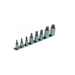 Jeu d'embouts à denture multiple de 8 pièces 8 pièces. Fourni sur un rail. Trois tailles d'entraînement : 1/4" | 3/8" | 1/2". Douille en chrome-vanadium, embout en acier au silicium. Tailles : M4 | M5 | M6 à entraînement de 1/4" x 35 mm de longueur, M8 | M10 | M12 à entraînement de 3/8" x 48 mm de longueur, M14 | M16 à entraînement de 1/2" x 55 mm de longueur.