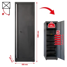 Structure robuste en t&ocirc;le d&rsquo;acier de 0,8&nbsp;mm d&rsquo;&eacute;paisseur
Rev&ecirc;tement par poudrage de haute qualit&eacute;
Aucune fixation murale n&eacute;cessaire&nbsp;: peut &ecirc;tre mont&eacute; de mani&egrave;re ind&eacute;pendante
Armoire XXL avec 5&nbsp;&eacute;tag&egrave;res (1x fixe + 4x variables)
Capacit&eacute; de charge des &eacute;tag&egrave;res jusqu&rsquo;&agrave; 25&nbsp;kg
Pieds r&eacute;glables pour un alignement pr&eacute;cis sur les sols irr&eacute;guliers
Les plinthes cachent les pieds de r&eacute;glage et emp&ecirc;chent l&rsquo;accumulation de salet&eacute;s
Porte verrouillable pour plus de s&eacute;curit&eacute;
Passage de c&acirc;bles &agrave; gauche et &agrave; l&rsquo;arri&egrave;re de 50&nbsp;mm chacun
Ouverture de porte possible &agrave; gauche ou &agrave; droite
