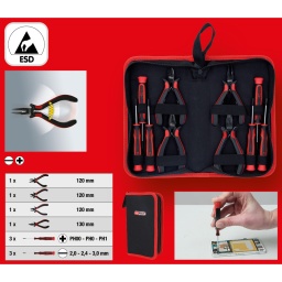 Tournevis et pinces pour mécanique de précision inclus
Adaptée pour du fil acier
Mâchoire dentée
Taillant durci par induction
Ouverture automatique à double ressort
Manche avec tête pivotante
Manche du tournevis électronique de forme ergonomique
Lame en acier trempée
Chromée avec surface brunie
Avec poignée bi-composant
Chromée noir
Lame en Chrome Vanadium
Livré dans un sac de transport