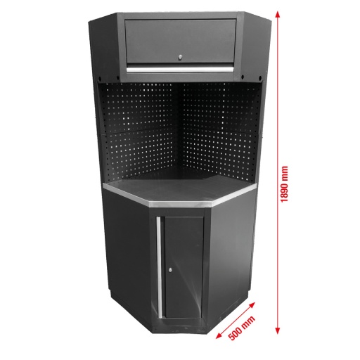 Mobilier d'atelier Moduleo avec module d&rsquo;angle et plan de travail en acier inoxydable