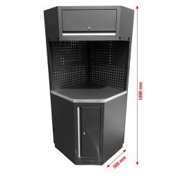 Structure robuste en t&ocirc;le d&rsquo;acier de 0,8&nbsp;mm d&rsquo;&eacute;paisseur
Rev&ecirc;tement par poudrage de haute qualit&eacute;
Syst&egrave;me modulaire
Aucune fixation murale n&eacute;cessaire&nbsp;: peut &ecirc;tre mont&eacute; de mani&egrave;re ind&eacute;pendante
Plan de travail en acier inoxydable de haute qualit&eacute; avec structure en MDF
une lampe LED magn&eacute;tique c&acirc;bl&eacute;e incluse pour un &eacute;clairage optimal de la zone de travail
Armoire basse avec &eacute;tag&egrave;res
Armoire suspendue avec 2&nbsp;v&eacute;rins &agrave; gaz
Panneau post&eacute;rieur avec perforation carr&eacute;e pour crochets, &oelig;illets et autre mat&eacute;riel de fixation (matrice du trou 10 x 10&nbsp;mm, d&eacute;coupe 38&nbsp;mm)
Capacit&eacute; de charge des armoires suspendues jusqu&rsquo;&agrave; 30&nbsp;kg
Capacit&eacute; de charge des &eacute;tag&egrave;res jusqu&rsquo;&agrave; 25&nbsp;kg
Pieds r&eacute;glables pour un alignement pr&eacute;cis sur les sols irr&eacute;guliers
Les plinthes cachent les pieds de r&eacute;glage et emp&ecirc;chent l&rsquo;accumulation de salet&eacute;s
Composants verrouillables pour plus de s&eacute;curit&eacute;
