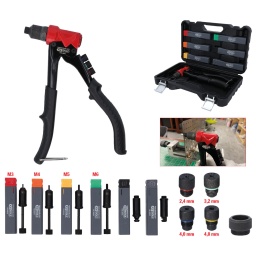 Adapt&eacute; pour les rivets aveugles, les &eacute;crous aveugles et les grignoteuses
Avec deux inserts pour grignoteuse
Livr&eacute;e avec 4&nbsp;embouchures &eacute;changeables et 4&nbsp;broches de traction pour &eacute;crous aveugles
T&ecirc;te fine
Poign&eacute;e en caoutchouc
Corps en acier sp&eacute;cial pour outils
