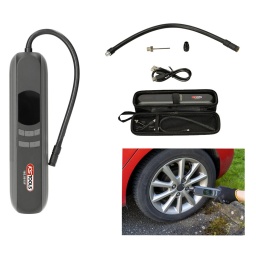 Mini compresseur rechargeable portatif
Permet de gonfler 4 pneus d'une voiture avec 1 charge
4 différents modes de gonflage par défaut : vélo (45 psi), moto (30 psi), voiture (35 psi), ballon de sport (8 psi)
Boutons d'ajustement manuel de la pression de gonflage
Ecran d'affichage LED
Fonction lampe de poche
Prise d'air à visser
Prise USB C pour charge via USB
Chargeur USB C, tube d'air Schrader, valve Presta et aiguille inclus
Plus d’information
Alimentation :	11.1 V / 2600 mAh
Dimensions :235 x 50 x 45 mm
Pression de service :10,3 bar / 150 psi max.
Température d'utilisation :-10°C à +60°C
Temps de charge :2 heures
Pièces dans le set :5 pièces
Poids :	470 g