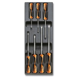 Module tournevis plats 7 pièces
- composition:
2.5x50-3x75-3.5x100-4x125-5.5x100-5.5x150-6.5x150mm - plateau thermoformé rigide 
- 1/4 de tiroir
- 367x147mm - qualité premium beta depuis 1939