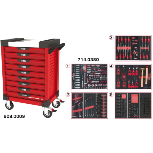 Servante ULTIMATE rouge 9 tiroirs équipée de 384 outils