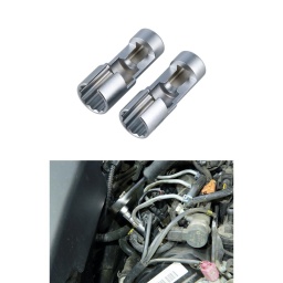 Jeu de 2 douilles à 12 pans spécialement dimensionnées pour les écrous de presse-étoupe de tuyaux d'injecteurs.
Les dimensions extérieures des douilles ont été réduites de manière significative afin d'assurer un contact total avec les écrous de tuyaux de 17 mm et 18 mm utilisés sur les injecteurs de type Piezo dont les tuyaux sont montés sur le dessus.
Les applications comprennent : Écrous de presse-étoupe de tuyaux d'injecteurs de 17 mm et 18 mm que l'on trouve dans les gammes du groupe Volkswagen, Mercedes-Benz et BMW.
Douilles à carré de 3/8", tailles : 17 mm (diamètre extérieur 23 mm) et 18mm (diamètre extérieur 24 mm), profil à 12 pans.
Longueur : 63 mm. Largeur de fente : 8 mm (approximativement).
En chrome-vanadium.
Conception spécifique avec une longueur totale et un diamètre extérieur réduits par rapport aux autres douilles pour écrous de presse-étoupe. Les douilles peuvent également être utilisées sur les écrous de presse-étoupe de câbles et de conduites de frein