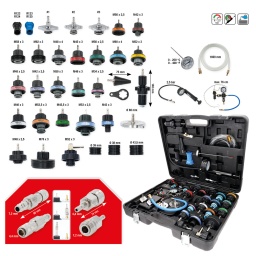 Assortiment idéal pour le test de pression des circuits de refroidissement comme pour les bouchons de vase d’expansion
Avec système pour le remplissage du circuit de refroidissement
Détection rapide de fuite dans le circuit de refroidissement comme par exemple les joints de culasse, les radiateurs de refroidissement, les pompes à eau, tuyaux etc.
Convient pour presque tous les véhicules thermiques, par ex. européens, japonais, américains, etc.
La vérification de pression se fait grâce à un manomètre
Utilisation simple et efficiente
Pression de 0 à 2,5 bar
Thermomètre inclus
Coffret robuste en matière plastique