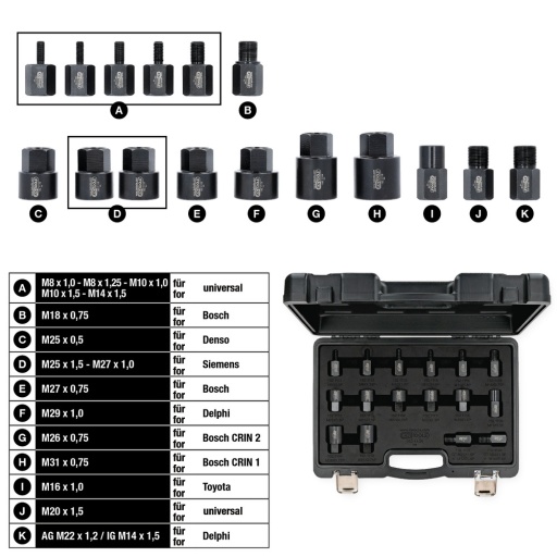 Jeu d’adaptateurs à visser pour extracteur d’injecteur 16 pcs