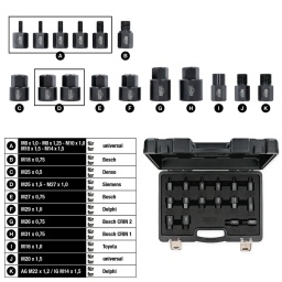 À utiliser avec l’extracteur d’injecteur à air comprimé
Avec un adaptateur correspondant, l’extracteur est vissé à la buse d’injection grippée
Coffret robuste en matière plastique