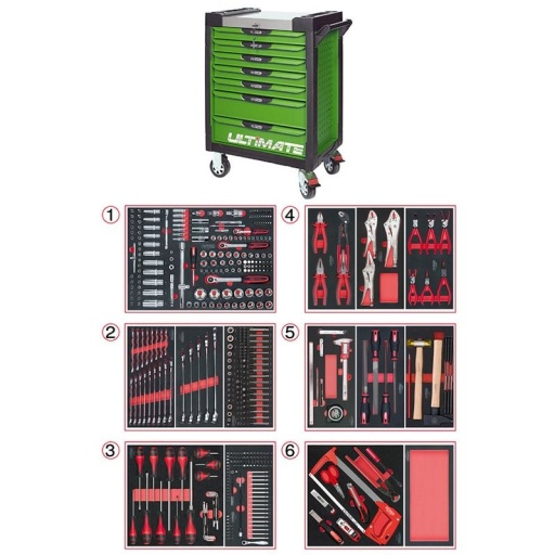 Servante Ultimate verte 7 tiroirs avec composition 452 outils