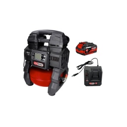 Compresseur portatif silencieux 5 L sur batterie
Moteur brushless (sans charbon) puissant et économe en énergie
2 modes de vitesse du moteur
Pompe à 2 cylindres, sans huile
Equipé d'un silencieux pour un niveau de bruit maîtrisé
Format ultra-compact permettant un transport facile
Idéal pour les travaux sans prises de courant
Écran de réglage LCD
Réglage de la pression par plage de 0,5 bar
Mode silencieux permettant de réduire le bruit généré
Affichage pratique du nombre d'heures d'utilisation
Numéro de série individuel
Livré avec 1 batterie 18V 4Ah et un chargeur rapide
Double raccord 1/4''

Alimentation :	batterie lithium-ion 18V
Capacité cuve :	5 L
Classe de protection :	II
Code EAN :	3663389007977
Couleur :	Noir-rouge
Débit d'air l/min :	65 L/min
Filetage de raccord :	2 x 1/4''
Puissance en Watt :	550 Watt
Pression maximale :	9 bar
Température d'utilisation :	-10°C à +70°C
Tension électrique :	18V DC
Vitesse de rotation maxi :	1700 Tr/min
Indice de résistance aux chocs :	IK03
Moteur :	brushless
Poids :	9,50 kg
Bruit max. mode Fast :	70 dbA
Bruit max. mode Silent :	69 dbA
Pression acoustique :	70 dbA
Puissance acoustique :	84 dbA
Pression d'arrêt électrovanne :	9,2 bar
Pression soupape de sécurité manuelle :	13 bar
Pompe :	2 cylindres, sans huile