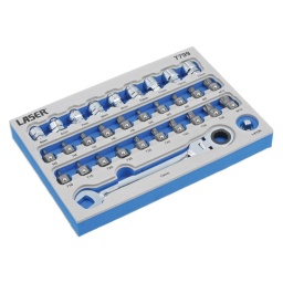Jeu d'embouts à profil bas et de douilles traversantes Alldrive (multi-empreinte), 31 pièces. 21 embouts à profil bas en acier 8660 : hexagonal 3, 4, 5, 6 et 8 mm ; étoile T10, T15, T20, T25, T30, T40, T45, T50 et T55 ; cannelé M4, M5, M6, M8, M10 et M12. Douilles traversantes Alldrive (multi-empreinte) en chrome-vanadium : 5, 6, 7, 8, 9, 10, 11, 12 et 13 mm. Douille à profil ultra-bas et embout hauteur de 21 mm. Douilles Alldrive adaptées aux fixations métriques, AF, en étoile et cannelées. 