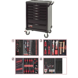 Servante d'atelier ks tools 7 tiroirs
- tiroir ouverture one by one antibasculement
- système fermeture centralisee par serrure
- plan de travail avec range visseries
- 4 roues robustes 125mm (2 directionelles avec freins)
- dimensions :
h 1016 x l 680 x p 455mm triroirs 
6 x h55xl565xp405mm 1 xh205xl565xp405mm charge par tiroirs 45kg
poids vide de la servante 54.5kg
résistance statique 500kg
servante atelier de la marque ks tools. avec noir complet du plus belle effet. parfaite pour une utilisation dans les milieux salissants (garage. industrie...)
Composition :
Module 54 pièces douilles et accessoires 1/4’’ ref : 713.1020 
- Cliquet réversible 72 dents
- 1x Poignée emmanchée 1/4’’
- 2x Rallonges 1/4’’ : L. 50 mm et L. 100 mm
- 1x Rallonge flexible : L. 150 mm
- 1x Poignée coulissante T : L. 115 mm
- 1x Cardan universel 1/4"
- 13x Douilles 1/4’’ : 4 - 4.5 - 5 - 5.5 - 6 - 7 - 8 - 9 - 10 - 11 - 12 - 13 - 14 mm
- 8x Douille longue 1/4" : 6 - 7 - 8 - 9 - 10 - 11 - 12 - 13
- 1x Porte embout 1/4" 
- 3x Embouts de vissage Fente 4 - 5.5 - 8 mm 
- 3x Embouts de vissage PHILLIPS® PH 1 - PH 2 - PH3 
- 2x Embouts de vissage POZIDRIV® PZ 1 - PZ 2 
- 6x Embouts de vissage 6 pans : 3 - 4 - 5 - 6 - 7 - 8 mm
- 7x Embouts de vissage TORX® profil E T10 - T15 - T20 - T25 - T27 - T30 - T40
​- 4x Embouts de vissage 12 pans : M4 - M5 - M6 - M8
Module de douilles et accessoires ULTIMATE 1/2'' . 24 pièces ref : 713.1024 
- 1 x Cliquet réversible 72 dents
- 2 x Rallonges : 125 - 250 mm
- 1 x Cadran universel 1/2"
- 1 x Bague coulissante 3/8" x 1/2"
- 17 x Douilles : 10 - 11 - 12 - 13 - 14 - 15 - 16 - 17 - 18 - 19 - 20 - 21 - 22 - 24 - 27 - 30 - 32 mm
- 2 x Douilles longues : 16 - 21 mm
Module d'embouts de vissage et douilles TORX. 88 pièces ref : 713.5010 
- 5 x Douilles TORX 1/4" : E4 - E5 - E6 - E7 - E8
- 4 x Douilles TORX 3/8" : E10 - E11 - E12 - E14
- 3 x Douilles TORX 1/2" : E16 - E18 - E20
- 1 x Douille porte-embouts 1/4" x 1/4"
- 2 x Douilles porte-embouts : 3/8" - 10 mm et 1/2" - 10 mm
- 1 x Rallonge : 30 mm
- 3 x Embouts de vissage Fente : 25 mm x (5.5 - 6.5 - 8.0 mm)
- 3 x Embouts de vissage PHILLIPS : 25 mm x (PH1 - PH2 - PH3)
- 6 x Embouts de vissage PROZIDRIV : 25 mm x (PZ1 - 2 x PZ2 - 3 x PZ3)
- 3 x Embouts de vissage 6 pans : 25 mm x (4 - 5 - 6 mm)
- 15 x Embouts de vissage TORX percé : 25 mm x (2 x T10 - 3 x T15 - 2 x T20 - 3 x T25 - 3 x T30 - 2 x T40)
- 2 x Embouts de vissage Fente : 30 mm x (8 - 10 mm)
- 2 x Embouts de vissage PHILLIPS : 30 mm x (PH2 - PH3)
- 7 x Embouts de vissage 6 pans : 30 mm x (4 - 5 - 6 - 7 - 8 - 10 - 12 mm)
- 9 x Embouts de vissage TORX percé : 30 mm x (T20 - T25 - T27 - T30 - T40 - T45 - T50 - T55 - T60)
- 5 x Embouts de vissage 12 pans : 30 mm (M5 - bM6 - M10 - M12)
- 5 x Embouts longs 6 pans : 75 mm x (5 - 6 - 7 - 8 - 10 mm)
- 8 x Embouts longs TORX percé : 75 mm x (T20 - T25 - T27 - T30 - T40 - T50 - T55 - T60)
- 4 x Embouts longs 12 pans : 75 mm x (M6 - M8 - M10 - M12)
Module de clés mixtes ULTIMATE. 17 pièces ref : 713.2017 
- 17 x Clés mixtes : 6 - 7 - 8 - 9 - 10 - 11 - 12 - 13 - 14 - 15 - 16 - 17 - 18 - 19 - 20 - 21 - 22 mm
Module de vissage. 28 pièces ref : 712.5028 
- 1 x Tournevis ULTIMATE tom pouce Fente : 6.5 mm
- 3 x Tournevis ULTIMATE Fente : 3.5 - 5.5 - 8 mm
- 1 x Tournevis ULTIMATE tom pouce PHILLIPS : PH2
- 3 x Tournevis ULTIMATE PHILLIPS : PH1 - PH2 - PH3
- 1 x Tournevis ULTIMATE tom pouce PROZIDRIV : PZ2
- 3 x Tournevis ULTIMATE PROZIDRIV : PZ1 - PZ2 - PZ3
- 1 x Jeu de clés mâles 6 pans à tête sphérique longues : 2 - 2.5 - 3 - 4 - 5 - 6 - 8 - 10 mm
- 1 x Jeu de clés mâles TORX longues : T10 - T15 - T20 - T25 - T30 - T40 - T45 - T50 
Module de pinces. 4 pièces ref : 713.4014 
- 1 x Pince coupante diagonale : L. 160 mm
- 1 x Pince universelle : L. 180 mm
- 1 x Pince à bec demi-rond : L. 200 mm
- 1 x Pince multiprises à verrouillage : L. 250 mm
Module de pinces étaux GRIPfix Xtreme. 3 pièces ref : 713.1003 
- 2 x Pinces étaux GRIPfix Xtreme : 175 - 250 mm
- 1 x Pince étau auto-ajustable à bec long : 150 mm
Module d'outils de frappe manche bois. 9 pièces ref : 713.1101 
- 1 x Burin de carossier extra-plat : 250 mm
- 6 x Chasse goupilles brunis : 3 - 4 - 5 - 6 - 10 mm
- 1 x Marteau rivoir : 600g
- 1 x Maillet à embouts plastique interchangeables : 340g
Module de douilles et clé à chocs pneumatique 1/2''. 20 pièces ref : 712.1020 
- 1x Clé à chocs pneumatique 1/2’’ 1690Nm
- 14x douilles à choc : 12 - 13 - 14 - 15 - 16 - 17 - 18 - 19 - 21 - 22 - 24 - 27 - 30 - 32 mm
- 3x douilles à choc pour jante alu : 17 - 19 - 21 mm
- 1x rallonge à choc 1/2"
- 1x cardan à choc 125mm 
Module de douilles à chocs 1/2''. 16 pièces ref : 713.1016 
- 8 x Douilles tournevis à choc TORX® 1/2’’: T30 - T40 - T45 - T50 - T55 - T60 - T70 - T80
- 8 x Douilles tournevis à choc 6 pans 1/2’’: 5 - 6 - 8 - 10 - 12 - 14 - 17 - 19 mm