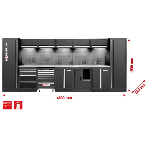 Mobilier d'atelier Moduleo droit 4600 x 500&nbsp;mm variante&nbsp;2 prise et eclairage compris