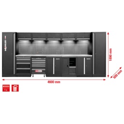Structure robuste en t&ocirc;le d&rsquo;acier de 0,8&nbsp;mm d&rsquo;&eacute;paisseur
Rev&ecirc;tement par poudrage de haute qualit&eacute;
Syst&egrave;me modulaire
Aucune fixation murale n&eacute;cessaire&nbsp;: peut &ecirc;tre mont&eacute; de mani&egrave;re ind&eacute;pendante
Plan de travail en acier inoxydable de haute qualit&eacute; avec structure en MDF
5&nbsp;LED magn&eacute;tiques c&acirc;bl&eacute;s inclus pour un &eacute;clairage optimal de la zone de travail
Tapis d&rsquo;atelier de haute qualit&eacute; inclus
Combinaison de prises commutables int&eacute;gr&eacute;es dans le panneau arri&egrave;re avec 4&nbsp;Schuko, 1&nbsp;USB-A et 1&nbsp;USB-C 2,1&nbsp;A
Servante d&rsquo;atelier int&eacute;gr&eacute;e avec 6&nbsp;tiroirs (4x 75&nbsp;mm, 2x 150&nbsp;mm)
Armoire basse avec 4&nbsp;tiroirs (1x 75&nbsp;mm, 1x 150&nbsp;mm, 2x 230&nbsp;mm)
Dimensions int&eacute;rieures des tiroirs&nbsp;: 568 x 407&nbsp;mm
Glissi&egrave;re &agrave; roulements &agrave; billes
2 x Armoire XXL avec 5&nbsp;&eacute;tag&egrave;res (1x fixe + 4x variables)
2&nbsp;armoires basses avec 2&nbsp;&eacute;tag&egrave;res (1 fixe + 1 variable)
5&nbsp;armoires suspendues avec 2&nbsp;v&eacute;rins &agrave; gaz pour chacune d&rsquo;entre elles
&Eacute;l&eacute;ment pour rouleau de papier avec poubelle
Panneau post&eacute;rieur avec perforation carr&eacute;e pour crochets, &oelig;illets et autre mat&eacute;riel de fixation (matrice du trou 10 x 10&nbsp;mm, d&eacute;coupe 38&nbsp;mm)
Capacit&eacute; de charge des tiroirs jusqu&rsquo;&agrave; 35&nbsp;kg
Capacit&eacute; de charge des armoires suspendues jusqu&rsquo;&agrave; 30&nbsp;kg
Capacit&eacute; de charge des &eacute;tag&egrave;res jusqu&rsquo;&agrave; 25&nbsp;kg
Instructions de montage et outils de montage inclus
Pieds r&eacute;glables pour un alignement pr&eacute;cis sur les sols irr&eacute;guliers
Les plinthes cachent les pieds de r&eacute;glage et emp&ecirc;chent l&rsquo;accumulation de salet&eacute;s
Composants verrouillables pour plus de s&eacute;curit&eacute;
