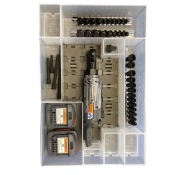 Module mini cle a rochet 1/4 12v
Composition :
- 1 système de rangement OTO
- 1 cle à rochet 1/4 R1120 ingersoll rand
- 2 batteries 12v
- Douille 6 pans mâles choc 1/4"D : 6, 7, 8, 10mm. longueur: 19.5mm. 3/8" 12, 14, 17, 18, 19mm. longueur: 30mm.
- Douille Torx choc 1/4"D : T10-T15-T20-T25-T27T30. longueur: 19.5mm. 3/8" T40-T45-T47-T50 longueur: 30mm
- Rallonge 1/4 choc 50-75-100-150mm
- Douilles choc 1/4 4-4,5-5-5,5-6-7-8-9-10-11-12-13-14-15mm
- Augmentateur choc 1/4 - 38
