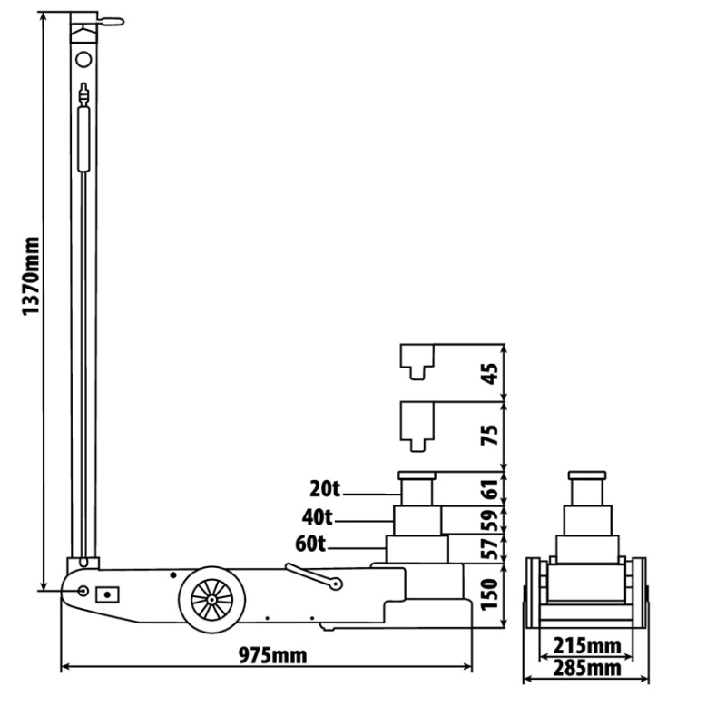 CRA20000 - Cric rouleur 20T, Levage automatique avec commande pneum