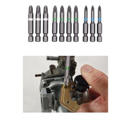 Jeu d'embouts JIS de 10 pièces avec tiges hexagonales de 1/4" et extrémités pour mandrin à serrage rapide permettant une connexion rapide et sûre aux tournevis hexagonaux de 1/4". 
Convient pour une utilisation avec les tournevis sans fil équipés d'un mandrin rapide, et les perceuses et visseuses sans fil. 
Vis JIS (Japanese Industrial Standard) utilisées sur les raccords aux normes industrielles japonaises présents sur les motos et les équipements japonais (comme Honda, pièces de vélo Shimano, voitures radiocommandées Tamiya, etc.).

Toutes les extrémités d'embouts sont usinées avec des dents antidérapantes (anti-cam out) pour protéger la fixation et offrir une meilleure prise.
Tailles : 3x JIS Ph1, 3x JIS Ph2, 3x JIS Ph3.
Longueur d'embout : 50 mm, avec tige de 1/4".
Les tailles Ph1 et 2 ont des tiges réduites pour un meilleur accès.
En acier allié S2 traité thermiquement et à revêtement résistant à la corrosion. Fourni dans un coffret de rangement en plastique