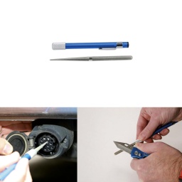 Outil d'affûtage compact, de type stylo, qui comprend une lime à double extrémité à revêtement dur de type diamant et des surfaces d'affûtage rondes, coniques, plates, demi-rondes et rainurées. 
Convient pour l'affûtage d'une large gamme de lames, d'outils et d'hameçons, ainsi que pour le nettoyage des connecteurs électriques et l'élimination de la corrosion.

Affûteur de lames multi-usages à revêtement dur de type diamant.
Comprend une lime à affûter réversible avec des surfaces coniques rondes, plates, demi-rondes et rainurées.
Idéal pour affûter une grande variété d'outils, de couteaux, d'hameçons, etc.
L'extrémité conique peut être utilisée pour divers usages, notamment pour éliminer la corrosion des connecteurs électriques automobiles.
Design de type stylo avec poignée moletée, finition anodisée et un clip de poche.