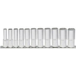 12 pans
Système FlankTraction
Selon DIN 3124 / ISO 2725
Carré d'entraînement intérieur selon DIN 3120 / ISO 1174 avec encoche pour verrouillage par bille
Version longue
Pour une utilisation manuelle
Finition satinée
Comprend un rail de rangement
