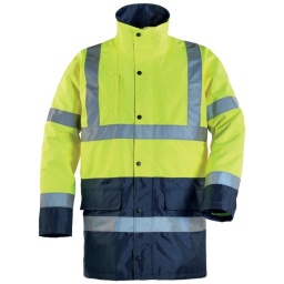 Matiere extérieure: polyester Oxford enduit PU imperméable fluo (100% polyester)
Bas: Polyester oxford enduit PVC imperméable
Bandes retroreflechissantes
Scotchlite 3M (2 ceintures. 2 brassards par manche. deux bretelles dos et devant)
Col: doit à gauche intégrée
Fermeture: a glissière avec rabat de pression
Manches: poignet coupe vent tricot intérieur
Poches: 2 poches plaquees a rabat sur le bas du gilet
intérieur gauche portefeuille fermeture a scratch+telephone
