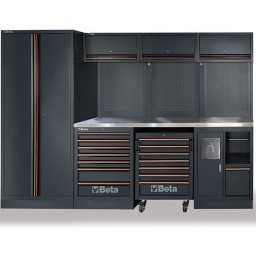 Combinaison d'ameublement d'atelier C45PRO X Combinaison comprenant: - Plan de travail en bois multicouche recouvert inox (C45PX / 3-2.0MT) - Module fixe à 7 tiroirs (C45PRO M7) - Module de propreté (C45PRO MS) - Cabine mobile à 7 tiroirs (C45PRO C7) - Armoire à outils à deux portes (C45PRO AS2) - 3 panneaux porte-outils perforés (C45PRO PF) - 3 armoires murales (C45PRO PM) - 3 supports muraux, type large (C45PRO SL) - 1 support mural, type étroit (C45PRO SS) - 305 kg - Dimensions 2955x495mm hauteur 2000mm Le nouveau mobilier d'atelier C45PRO, évolution de la gamme à grand succès C45 de chez Beta, se présente sous de nouvelles couleurs, un superbe gris anthracite (ral7016), les poignées alu passent à la couleur orange, et, grande nouveauté, les meubles bas sont maintenant équipés de réglage, permettant une instalation plus facile sur sol irrégulier. Donnez un look ravageur à votre atelier, gràce au mobilier d'atelier C45PRO au rapport qualité prix toujours aussi attractif.