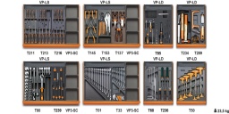 Composition de 210 outils pour la maintenance générale en plateaux thermoformés rigides en ABS
1201E	tournevis pour vis à fente 2,5x50 - 3x75 - 3,5x100 - 4x125 5,5x100 - 5,5x150 - 6,5x150 mm	
1202E	tournevis pour vis phillips®  PH0x60-PH1x80-PH1x120-PH2x100-PH2x150-PH3x150 mm	
1207E/TX	tournevis pour vis torx®  T6-T7-T8-T9-T10-T15-T20	
1032	pinces pour circlips intérieurs à becs droits 180 mm	
1034	pinces pour circlips intérieurs à becs coudés 170 mm	
1036	pinces pour circlips extérieurs à becs droits 175 mm	
1038	pinces pour circlips extérieurs à becs coudés 175 mm	
1048N	Pince multiprise entrepassée 250 mm	
1052	pince - étau à becs droits 240 mm	
1084BM	Pince coupante diagonale à faible effort de coupe 160 mm	
1150BM	pince à becs demi-ronds longs 180 mm	
1166BM	Pince à becs demi-ronds longs 160 mm	
194	clé à cliquet réversible porte-embouts 1/4x5/16	
900	douilles 6 pans avec carré conducteur femelle 1/4" 4-4,5-5-5,5-6-7-8-9-10-11-12-13-14 mm	
900/55	cliquet réversible avec carré mâle 1/4" 125 mm	
900/42	poignée coulissante avec carré mâle 1/4" 115 mm	
900BG/30	poignée emmanchée avec carré mâle 1/4" 176 mm	
900/25	cardan avec carrés mâle et femelle 1/4" 41 mm	
900/21	rallonge - 1/4” 150 mm	
851SR	Poignée porte-embouts à bague de déverrouillage rapide 230 mm	
861SP	embout pour visseuses pour vis Spanner 4-6-8-10-12 mm	
861TQS	embout pour visseuses pour vis Torq-Set® 0-1-2-3-4-5-6-8 mm	
861TRW	embout pour visseuses pour vis Tri-Wing® 1-2-3-4-5-6 mm	
861RTX	embout pour visseuses pour vis à Tamper Resistant Torx® T9-T10-T15-T20-T25-T27-T30-T40	
861TX	embouts de visseuse pour vis à empreinte Torx® T6-T7-T8-T9-T10-T15-T20-T25-T27-T30-T40	
861PZ	Embout pour visseuses pour vis Pozidriv® -Supadriv® PZ1 - PZ2 - PZ3	
861PH	Embout pour visseuses pour vis Phillips® PH0 - PH1 - PH2 - PH3	
861PE	Embout pour visseuses pour vis 6 pans creux 2 - 2,5 - 3 - 4 - 5 - 6 - 8 - 10 mm	
861LP	Embout pour visseuses pour vis à fente 0,5x3 - 0,6x4,5 - 0,8x5,5 - 1x5,5 - 1,2x6,5 - 1,2x8 - 1,6x8 mm	
35	burins nervurés 100 - 200 mm	
1370	marteau de mécanicien 300 g	
1390	maillet à embouts nylon, manche en bois Ø 35 mm	
1692	mètre à ruban 5 m	
1725CR	mini - monture de scie à métaux	
1771RL	Etui de 10 lames sécables 18 mm, pour 1771 et 1771BM, 1771HD	
1771	cutter à lame sécable 18 mm avec lames	
920A	douilles 6 pans avec carré conducteur femelle 1/2" 10 - 11 - 12÷19 - 20 - 21 - 22 - 23 - 24 - 26 - 27 - 30 - 32 mm	
920ME	douilles tournevis pour vis 6 pans creux carré femelle 1/2"  5 - 6 - 8 - 10 - 12 mm	
920/21	rallonge - 1/2" 125 mm	
920/22	rallonge - 1/2" 255 mm	
920/25	cardan 1/2"	
920/42	poignée coulissante 1/2"	
920/55	cliquet réversible 1/2" 
32	pointeau Ø 4 mm	
31BM	chasse-goupilles gaîné confort 2-3-4-5-6-8 mm	
42	clés mixtes 6-7-8-10-11-12-13-14-16-17-18-19-21-22-24-27-30 mm	
55	clés à fourches 6x7 - 8x9 - 10x11 - 12x13 - 14x15 - 16x17 - 18x19 - 20x22 mm	
96/SC9	clés mâles 6 pans coudées 
951	clés mâles 6 pans en T 2,5 - 3 - 4 - 5 - 6 - 8 mm	
1719BMA8/S5	limes demi-douces 200 mm	
96T	clés mâles 6 pans à poignée en T 2 - 2,5 - 3 - 3,5 - 4 - 4,5 - 5 - 6 mm	
VP-3SC	bacs de rangement	
VP-LS	bacs de rangement	
VP-LD	bacs de rangement