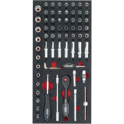 Module douilles et embouts 1/4 , 67 pièces
Douilles courtes 13 x 4 · 4.5 · 5 · 5.5 · 6 · 7 · 8 · 9 · 10 · 11 · 12 · 13 · 14
Douilles longues 7 x 4 · 5 · 6 · 7 · 8 · 9 · 10
Douilles torx femelles 7 x 6 eE4 · E5 · E6 · E7 · E8 · E10 · E11
Douilles allen 6 x  3-4 -5 -6 -7 -8
Douille PH : 3 x PH1 · PH2 ·PH3
Douille plat : 0.8 x 4 ·1 x 5.5 · 1.2 x 7
Douille PZ : PZ1 · PZ2 ·PZ3
Douille Torx : 6 x T10 · T15 · T20 · T25 · T30 · T40
Douille Torx percé : T9H · T10H T15H · T25H T27H · T30H T20H
- Dimension 188x393mm