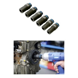 Jeu de douilles lestées à carré de 1/2" - 6 pièces
En réponse aux demandes des clients, Laser Tools a élargi sa gamme de douilles lestées. Le jeu de 6 douilles Laser 9172 comprend six douilles à carré de 1/2", toutes dimensionnées pour mieux convenir au parc automobile britannique et européen. 
L'augmentation du poids de ces douilles réduit les pertes à l'impact, augmentant ainsi le couple effectif fourni par le pistolet à impact.

Conçu spécifiquement pour les fixations de poulies de vilebrequin tenaces et à couple élevé.
Les applications comprennent, sans s'y limiter : Véhicules Ford (y compris Transit), GM, Honda, Jeep, Kia, Lexus, Mazda et Toyota.
Conçu pour les applications à couple élevé lorsqu'elles sont associées à un pistolet à impact.
Tailles : 17, 18, 19, 21, 22 et 24 mm x carré de 1/2". Profil hexagonal (6 pans). Longueur : 97 mm.
En acier au chrome-molybdène pour une utilisation avec des outils à impact.