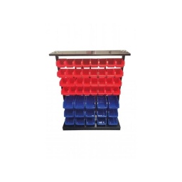 Stand pour établi pour 47 bacs de rangement 
Contient 32 bacs de rangement rouge de 160mm x 103mm x 72mm et 15 bacs de rangement bleus 237mm x 144mm x 125mm.
Fixations inclues avec mode d'emploi pour l'assemblage 