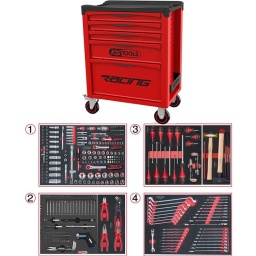 Servante atelier ks tools Racing 5 tiroirs 
Servante d'atelier avec plan de travail recouvert d'un tapis en mousse
Cette nouvelle servante d'atelier de chez ks tools. modèle racing. est une évolution de l'ancien modèle dakar édition.
En effet pour cette servante d'atelier. ks tools a utilisé ces 20 ans expérience sur l'ancien modèle. la racing est le fruit des milliers de retour d'information client. garage. carrosserie. industrie et particulier. 
Cette servante d'atelier ks tools est plus pratique gràce à ces nouveaux panneaux perforés pour accessoires. plus résistante nouveau chassis.Roue diamètre 125mm
La servante d’atelier KStools. série Racing respecte les normes de robustesse et de solidite deja reconnues sur les autres lignes de servantes d’atelier de la marque KS Tools. 
Les tiroirs de la servante d’atelier Racing possedent un systeme de roulements à billes (résistance 30kg). un système de fermeture par serrure et s’ouvre totalement pour plus de facilite dans vos rangements.
Les tiroirs de cette servante atelier ont une grande capacité. 40cm de profondeur par 57cm de largeur. tout les tiroirs de cette servante d'atelier sont fournis avec un tapis mousse a installer au fond. 
Sur son plan de travail on trouve un tapis en mousse imputrescible. sa poignée de côté et ses 4 roues robustes dont 2 directionnelles avec frein. La servante d'atelier Racing reste une reference en therme d’ergonomie. fini le désordre dans le garage. rangez vos outils. ou bien d'autre chose de manière ordonnée.
Plan de travail avec tapis en mousse
Dimensions utiles des tiroirs servante 5 tiroirs résistance 30kg :
3 x H 55 X L 565 X P 405mm 
1x H 130 X L565 X P 405MM
1x H 280X L 565 X P 405MM
Poids: 45kg
Poids maximum admissible en statique: 500kg
Composition : 
Module de douilles et accessoires 1/4'' - 3/8'' - 1/2"", 175 pièces ref : 711.1011 finition mat   
- 3 x Cliquets 72 dents bi-matière 1/4’’- 3/8’’- 1/2’’
- 1 x Poignée emmanchée traversante 1/4"
- 2 x Rallonges articulée 1/4’’ 50 - 100 mm
- 1 x Rallonge flexible 1/4" 150 mm 
- 1 x T de force 1/4" 110mm
- 1 x Rallonge articulée 3/8’’  150 mm
- 2 x Rallonges articulée 1/2’’ 125 - 250 mm
- 3 x Cardans 1/4’’ - 3/8’’- 1/2’’
- 2 x Réducteur 1/2" F 3/8" m
- 13 x Douilles 1/4" : 4 - 4,5 - 5 - 5,5 - 6 - 7 - 8 - 9 - 10 - 11 - 12 - 13 - 14mm
- 7 x Douilles longues 1/4" : 4 - 5 - 6 - 7 - 8 - 9 - 10 mm 
- 5 x Douilles TORX E 1/4" : E4 - E5 - E6 - E7 - E8
- 4 x Douilles embout fente  1/4" : E4 - E5 - E6 - E7 - E8 mm
- 3 x Douilles embout PHILIPPS 1/4" : PH1 - PH2 (x2)
- 3 x Douilles embout PROZIDRIV 1/4" : PZ1 - PZ2 (x2)
- 4 x Douilles embout 6 pans mâles 1/4" : 3 - 4 - 5 - 6 mm
- 8 x Douilles embout TORX 1/4" : T8 - T9 - T10 - T15 - T20 - T25 - T27 - T30
- 7 x Douilles embout TORX percé 1/4" : T8 - T10 - T15 - T20 - T25 - T27 - T30
- 10 x Douilles 3/8" : 10 - 11 - 12 - 13 - 14 - 15 mm
- 6 x Douilles longues 3/8" : 10 - 11 - 12 - 13 - 14 - 15 mm
- 6 x Douilles TORX 3/8" : E10 - E11 - E12 - E14 - E16 - E18 
- 1 x Douille 6 pans 3/8" : 18 mm
- 18 x  Douilles 1/2" : 10 - 11 - 12 - 13 - 14 - 15 - 16 - 17 - 18 - 19 - 20 - 21 - 22 - 24 - 27 - 30 - 32 - 34 mm 
- 5 x Douilles longues 1/2" : 16 - 17 - 18 - 19 - 22 mm
- 2 x Douilles TORX 1/2" : E20 - E24
- 1 x Douille porte embout : 1/4" x 1/4"
- 2 x Douilles porte embout : 3/8" x 5/16" et 1/2" x 5/16"
Module clés
- 17 clés mixtes 6-7-8-9-10-11-12-13-14-15-16-17-18-19-20-21-22
- 1 clé à tuyauter 11mm
- 8 clés contre coudée 6x7-8x9-10x11-12x13-14x15-16x17-18x19-21x23mm
- 10 clés fourches 6x7-8x9-10x11-12x13-14x15-16x17-18x19-20x22-27x24-30x32mm
Module de vissage, 28 pièces ref : 712.5028  
- 1 x Tournevis ULTIMATE tom pouce Fente : 6,5 mm
- 3 x Tournevis ULTIMATE Fente : 3,5 - 5,5 - 8 mm
- 1 x Tournevis ULTIMATE tom pouce PHILLIPS : PH2
- 3 x Tournevis ULTIMATE PHILLIPS : PH1 - PH2 - PH3
- 1 x Tournevis ULTIMATE tom pouce PROZIDRIV : PZ2
- 3 x Tournevis ULTIMATE PROZIDRIV : PZ1 - PZ2 - PZ3
- 1 x Jeu de clés mâles 6 pans à tête sphérique longues : 2 - 2,5 - 3 - 4 - 5 - 6 - 8 - 10 mm
- 1 x Jeu de clés mâles TORX longues : T10 - T15 - T20 - T25 - T30 - T40 - T45 - T50
Module de vissage, 103 pièces avec tournevis cliquat 
Module de pinces, 4 pièces ref : 713.4014  
- 1 x Pince coupante diagonale : L. 160 mm
- 1 x Pince universelle : L. 180 mm
- 1 x Pince à bec demi-rond : L. 200 mm
- 1 x Pince multiprises à verrouillage : L. 250 mm
Module d'outils de frappe manche bois, 9 pièces ref : 713.1101    
- 1 x Burin de carossier extra-plat : 250 mm
- 6 x Chasse goupilles brunis : 3 - 4 - 5 - 6 - 10 mm
- 1 x Marteau rivoir : 600g
- 1 x Maillet à embouts plastique interchangeables : 340g