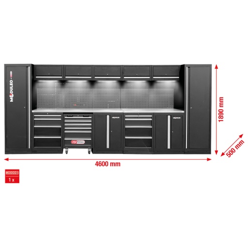 Mobilier d'atelier Moduleo droit 4600 x 500&nbsp;mm variante&nbsp;1 prise et eclairage compris