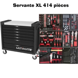 Servante ULTIMATE XL noire 7 tiroirs 414 pièces sur 3 tiroirs
- Construction a pans coupes renforcant la structure du bati
- Panneau lateral déporté et pré-percé pour fixation de crochet et accessoires
- 2 roues fixes grand diamètre pour une meilleure stabilite et un déplacement aise sur tous types de sols
- 2 roues pivotantes avec systeme de freinage total
- Plan de travail en inox
- Tiroirs sur glissieres à billes extra-resistant (45 kg par tiroir)
- Tiroirs à ouverture totale
- Fermeture totale et simultanee des tiroirs par serrure
- Dimension hors tout : L1042xl460xH830 (hauteur avec roues 1020mm
- Tiroirs
5 x h 75x L932 x P398mm 2 x h 154x L932 x P398mm 5 modules par tiroirs
Composition :

Tiroir douille :
922.1439 Poignée emmanchée ULTIMATE® 1/4''
920.1400 Cliquet réversible 1/4’’ ULTIMATE
920.1200 Cliquet 72 dents extra plat ULTIMATE® 1/2
922.1202 Rallonge ULTIMATE® 1/2''. L.125 mm
922.1203 Rallonge ULTIMATE® 1/2''. L.250 mm
922.1450 Cardan universel ULTIMATE® 1/4''
922.1451 Poignée coulissante T ULTIMATE® 1/4''. L.110 mm
922.1452 Rallonge ULTIMATE® 1/4 L.50 mm 1
922.1455 Rallonge ULTIMATE® 1/4 L.100 mm 1
922.14 Douille 6 pans ULTIMATE® 1/4 4-4.5-5 -5.5-6-7-8-9-10-11-12-13-14mm
922.1419 Rallonge articulée ULTIMATE 1/4. L.150mm
922.14 Douille longue 6 pans ULTIMATE 1/4.6-7-8-9-10-11-12-13-14mm
922.1198 Tournevis porte-embouts magnétique ULTIMATE 1/4'' . L. 100 mm
922.14 Douille tournevis ULTIMATE® TORX® 1/4''. L.37 mm - T10-15-20-25-27-30-40
922.147 Douille tournevis ULTIMATE® POZIDRIV® 1/4''. L.37 mm - PZ2-PZ1
922.1490 Douille tournevis ULTIMATE® Fente 1/4''. L.37 mm - 7-5.5-4mm
922.146 Douille tournevis 6 pans ULTIMATE® 1/4. L.37 mm - 3-4-5-6-7-8mm
922.1468 Douille tournevis ULTIMATE® PHILLIPS® 1/4''. L.37 mm - PH1-PH2
922.1440 Rallonge flexible ULTIMATE® 1/4. L.150mm
922.1250 Cardan universel ULTIMATE® 1/2
922.1261 Augmentateur pour poignée coulissante ULTIMATE® 1/2M - 3/8F
922.120 Douille bougie ULTIMATE® 1/2''. 16-21mm
922.12 Douille 6 pans ULTIMATE® 1/2''. 10-11-12-13-14-15-16-17-18-19-21-22-24-27-30-32mm
975.100 Embout de vissage 6 pans. L.75 mm - Entraînement 10 mm - 5-6-7-8-10 mm 1
975.21 Embout de vissage TORX® percé. L.75 mm - Entraînement 10 mm - TB20-25-27-30-40-50-55-60
975.300 Embout de vissage XZN®. L.75 mm - Entraînement 10 mm - M6-8-10-12
911.1452 Adaptateur pour visseuse. 1/4''
922.1297 Porte-embouts de vissage ULTIMATE® 1/2. 10 mm
922.1421 Douille porte-embouts ULTIMATE® 1/4
514.1102 Porte-embout magnétique 1/4. L.50 mm
514.1106 Adaptateur porte-douilles 1/4- 1/4
911.1452 Adaptateur pour visseuse
911.2255 Embout de vissage KS 6 pans 3.0-4-5-5.5-3-7 - entraînement 6.35 mm
911.2397 1/4'' Embout de vissage POZIDRIV. 25 mm. PZ0-1-2-3
911.3001 Embout de vissage 4 pans. L.25 mm - 1/4'' - #0-1-2-3
911.2201 Embout de vissage KS PH N°0-1-2-3. longueur25 mm
911.2910 Embout de vissage KS SPANNER 4-6-8-10mm
911.3566 KSD - 1/4'' Bit Innensechskant. 25mm. 1/16''-5/64''-3/32''-7/64''-1/8''-9/64''-5/32''-3/16''-7/32''-1/4''
911.2961 Embout de vissage KS 6 pans percé 5/64-3/32-7/64-1/8-9/64-5/32- entraînement 6.35mm
911.2934 Embout de vissage KS 6 pans percé 2.0-2.5-3-4-5-6 entraînement 6.35 mm. longueur25 mm
911.2901 Embout de vissage KS TORQ SET 6-8-10mm - entraînement 6.35 mm. l25mm
911.2922 Embout de vissage KS TRI WING 1-2-3-4. entraînement 6.35 mm. L. 25 mm
911.3303 Embout de vissage 1/4'' Fente. 25 mm. 3-4-4.5-5-5.5-6-6.5-7-8 mm
911.2306 Embout de vissage KS TORX 8-10-15-20-25-27-30-40-45 - entraînement 6.35 mm.L.25 mm
911.2344 Embout de vissage XZN M5-M6-M8. entrainement 6.35 mm. L25 mm
911.2276 Embout de vissage KS TORX percé 8-10-15-20-25-27-30-40 entraînement 6.35 mm. l25 mm
911.2985 Embout de sécurité papillon # 1. L.25 mm 1
911.2988 KSD - 1/4'' Doppelkeil-Bit # 2. 25mm. S2 1
911.2991 KSD - 1/4'' Doppelkeil-Bit # 3. 25mm. S2 
15 douilles longues 1/2 10-11-12-13-14-17-19-21-24-27mm 14-161-18-21 bougies 2 rallonges flex lock 75-250mm
Module douille 3/8 47 pièces

Tiroir vissage et pinces :
922.60 Tournevis ULTIMATE® Fente. 3.5-5.5-8mm
922.60 Tournevis ULTIMATE® PHILLIPS®. PH1 PH2 PH3
907.2135 Cutter à système de blocage. 18 mm
907.2166 Lames de rechange pour 907.2141 - paquet de 10 pcs
151.2100 Jeu de 8 clés mâles 6 pans à tête sphérique longues. 2 à 10 mm
151.2200 Jeu de 8 clés mâles TORX® percé longue. T10 à T50
Pince à circlips extérieur droite.19-60 mm.160mm droite. 160mm extérieur coudée 90°.19-60 mm. intérieur coudée 90°.19-60 mm.160mm
module mesure PAC aimant reglet, 3 pince etaux

Tiroir clés et pinces
Clés mixtes : 8-9-10-11-12-13-14-15-16-17-18-19-20-21-22-24-27mmm
115.1012 Pince coupante de côté à poignées bi-composants. L. 160 mm
115.1021 Pince universelle à poignées bi-composants. L.180 mm
115.1024 Pince à bec demi-ronds KS. à poignées bi-composants L.200 mm
115.1197 Pince étau GRIPfix Xtreme 9 0-50mm
115.2001 Pince multiprises gainée. 250mm. 0-36mm
156.0589 Burin de carrossier extra plat. 26 mm. Longueur 250 mm
142.1080 Marteau rivoir manche Hickory. 800g
Module micro serrage avec 3 clé cliquet reversible 8-10-13mm
