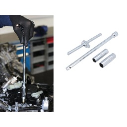 Un jeu de 2 douilles à paroi mince pour bougies d'allumage conçues pour entrer dans les logements serrés de bougies d'allumage souvent rencontrés sur les véhicules modernes. En acier au chrome-vanadium pour maintenir leur robustesse, elles comportent également un insert de retenue en caoutchouc pour la dépose en toute sécurité des bougies d'allumage. L'ensemble est également livré avec une barre rallonge de 250 mm et une barre en T coulissante de 165 mm, offrant suffisamment de bras de levier pour desserrer les bougies d'allumage sans qu'il soit nécessaire d'utiliser une clé à cliquet.

Douilles pour bougies d'allumage à paroi mince, dimensions : 14 mm (dia. ext. 18,4 mm), 16 mm (dia. ext. 20,8 mm), carré de 3/8".
Longueur de douilles : 65 mm x profil à 12 pans.
Avec inserts en caoutchouc pour protéger et retenir la bougie d'allumage.
L'ensemble comprend également : Barre en T coulissante de 165 mm à carré de 3/8" et barre rallonge de 250 mm à carré de 3/8" pour un bras de levier accru sur les filetages grippés.
En chrome-vanadium.