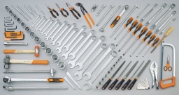 Composition de 99 outils pour engins de chantier
30: chasse-clous 3 - 4 mm
31: chasse-goupilles 6 - 8mm
32: pointeau 4 mm
35: burins nervurés 150 - 200mm
42AS: clés mixtes 1/4÷1.1/2”
90AS: clés polygonales contre - coudées 1/4x5/16 - 3/8x7/16 - 1/2x9/16 5/8x3/4 - 11/16x13/16 - 7/8x15/16”
96AS/B11: clés mâles 6 pans coudées 3/64÷3/8”
920AS: douilles 12 pans 1/2” 7/16 - 1/2 - 9/16 5/8 - 11/16 - 3/4 - 13/16 - 7/8 - 15/16 - 1”
920/21: rallonge - 1/2" 125 mm
920/22: rallonge - 1/2" 255 mm
920/25: cardan 1/2"
920/42: poignée coulissante 1/2"
920/50: cliquet réversible à glissières 1/2"
928AS: douilles 6 pans 1/4"  3/4”, 7/8 - 15/16 - 1 - 1.1/16 - 1.1/8 - 1.1/4 - 1.5/16 1.1/2 - 1.5/8 - 1.11/16 - 1.7/8 - 2”
928/21: rallonge - 3/4" 200 mm
928/36A: poignée articulée 3/4"
928/42: poignée coulissante 3/4"
928/55: cliquet réversible 3/4" 
964: pince levier à broche et à bec
1048N: Pince multiprise entrepassée 250 mm
1055: pince-étau à becs arrondis
1084GBM: pince coupante diagonale à faible effort de coupe, branchées gainées confort bi-matières, finition industrielle 160 mm
1128BMX: ciseaux d’electricien
1150GBM: pince universelle, branches gainées confort bi-matières, modèle grande capacité, finition industrielle 180 mm
1166GBM: pince à becs demi-ronds longs striés, branches gainées confort bi-matières, finition industrielle 160 mm
1260E: tournevis avec 6 pans pour vis à fente 6,5x150 - 8x175 - 10x200 - 12x250 mm
1262E: tournevis avec 6 pans pour vis Phillips® PH2x150 - PH3x175 - PH4x200 mm
1377: marteau de mécanicien modèle américain 900 g
1390: maillet à embouts nylon, manche en bois 35 mm
1708/20: jauge d'épaisseur 150 - 200 mm
1717B: grattoir triangulaire 200 mm
1719BMA...S5: limes demi-douces 200 mm
1725: monture de scie à métaux
