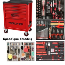 Dans cette servante étudiée pour le spécialiste du detailing auto et moto, vous retrouverez l'outillage necessaire pour un vrai travail de pro
Servante : 
Servantes RACING 5 tiroirs
Ouverture totale des tiroirs
Glissières à roulements à billes
Système de fermeture centralisée par serrure latérale
Plan de travail en polypropylène (PP) avec règle graduée de 50 cm
Perforations normalisées pour fixation d'accessoires
Divers rangements latéraux dont un porte-flacons amovible
Double poignée de manoeuvre intégrée au plateau
4 roues robustes Ø 125 mm dont 2 directionnelles avec frein
Tapis mousse dans chaque tiroir
Dimensions utiles des tiroirs : 
3 x H 55 x L 565 x P 400 mm
1 x H 130 x L 565 x P 400 mm
1 x H 280 x L 565 x P 400 mm (profond pour le rangement de vos produits)
Composition :
Tiroir douilles et embouts
922.1439 Poignée emmanchée ULTIMATE® 1/4''
920.1400 Cliquet réversible 1/4’’ ULTIMATE
920.1200 Cliquet 72 dents extra plat ULTIMATE® 1/2
922.1202 Rallonge ULTIMATE® 1/2''. L.125 mm
922.1203 Rallonge ULTIMATE® 1/2''. L.250 mm
922.1450 Cardan universel ULTIMATE® 1/4''
922.1451 Poignée coulissante T ULTIMATE® 1/4''. L.110 mm
922.1452 Rallonge ULTIMATE® 1/4 L.50 mm 1
922.1455 Rallonge ULTIMATE® 1/4 L.100 mm 1
922.14 Douille 6 pans ULTIMATE® 1/4 4-4.5-5 -5.5-6-7-8-9-10-11-12-13-14mm
922.1419 Rallonge articulée ULTIMATE 1/4. L.150mm
922.14 Douille longue 6 pans ULTIMATE 1/4.6-7-8-9-10-11-12-13-14mm
922.1198 Tournevis porte-embouts magnétique ULTIMATE 1/4'' . L. 100 mm
922.14 Douille tournevis ULTIMATE® TORX® 1/4''. L.37 mm - T10-15-20-25-27-30-40
922.147 Douille tournevis ULTIMATE® POZIDRIV® 1/4''. L.37 mm - PZ2-PZ1
922.1490 Douille tournevis ULTIMATE® Fente 1/4''. L.37 mm - 7-5.5-4mm
922.146 Douille tournevis 6 pans ULTIMATE® 1/4. L.37 mm - 3-4-5-6-7-8mm
922.1468 Douille tournevis ULTIMATE® PHILLIPS® 1/4''. L.37 mm - PH1-PH2
922.1440 Rallonge flexible ULTIMATE® 1/4. L.150mm
922.1250 Cardan universel ULTIMATE® 1/2
922.1261 Augmentateur pour poignée coulissante ULTIMATE® 1/2M - 3/8F
922.120 Douille bougie ULTIMATE® 1/2''. 16-21mm
922.12 Douille 6 pans ULTIMATE® 1/2''. 10-11-12-13-14-15-16-17-18-19-21-22-24-27-30-32mm
2 x rallonges 1/2 à verouillage 75-250mm
975.100 Embout de vissage 6 pans. L.75 mm - Entraînement 10 mm - 5-6-7-8-10 mm 1
975.21 Embout de vissage TORX® percé. L.75 mm - Entraînement 10 mm - TB20-25-27-30-40-50-55-60
975.300 Embout de vissage XZN®. L.75 mm - Entraînement 10 mm - M6-8-10-12
911.1452 Adaptateur pour visseuse. 1/4''
922.1297 Porte-embouts de vissage ULTIMATE® 1/2. 10 mm
922.1421 Douille porte-embouts ULTIMATE® 1/4
514.1102 Porte-embout magnétique 1/4. L.50 mm
514.1106 Adaptateur porte-douilles 1/4- 1/4
911.1452 Adaptateur pour visseuse
911.2255 Embout de vissage KS 6 pans 3.0-4-5-5.5-3-7 - entraînement 6.35 mm
911.2397 1/4'' Embout de vissage POZIDRIV. 25 mm. PZ0-1-2-3
911.3001 Embout de vissage 4 pans. L.25 mm - 1/4'' - #0-1-2-3
911.2201 Embout de vissage KS PH N°0-1-2-3. longueur25 mm
911.2910 Embout de vissage KS SPANNER 4-6-8-10mm
911.3566 KSD - 1/4'' Bit Innensechskant. 25mm. 1/16''-5/64''-3/32''-7/64''-1/8''-9/64''-5/32''-3/16''-7/32''-1/4''
911.2961 Embout de vissage KS 6 pans percé 5/64-3/32-7/64-1/8-9/64-5/32- entraînement 6.35mm
911.2934 Embout de vissage KS 6 pans percé 2.0-2.5-3-4-5-6 entraînement 6.35 mm. longueur25 mm
911.2901 Embout de vissage KS TORQ SET 6-8-10mm - entraînement 6.35 mm. l25mm
911.2922 Embout de vissage KS TRI WING 1-2-3-4. entraînement 6.35 mm. L. 25 mm
911.3303 Embout de vissage 1/4'' Fente. 25 mm. 3-4-4.5-5-5.5-6-6.5-7-8 mm
911.2306 Embout de vissage KS TORX 8-10-15-20-25-27-30-40-45 - entraînement 6.35 mm.L.25 mm
911.2344 Embout de vissage XZN M5-M6-M8. entrainement 6.35 mm. L25 mm
911.2276 Embout de vissage KS TORX percé 8-10-15-20-25-27-30-40 entraînement 6.35 mm. l25 mm
911.2985 Embout de sécurité papillon # 1. L.25 mm 1
911.2988 KSD - 1/4'' Doppelkeil-Bit # 2. 25mm. S2 1
911.2991 KSD - 1/4'' Doppelkeil-Bit # 3. 25mm. S2 1

115.1012 Pince coupante de côté à poignées bi-composants. L. 160 mm
115.1021 Pince universelle à poignées bi-composants. L.180 mm
115.1024 Pince à bec demi-ronds KS. à poignées bi-composants L.200 mm
115.1197 Pince étau GRIPfix Xtreme 9 0-50mm
115.2001 Pince multiprises gainée. 250mm. 0-36mm
156.0589 Burin de carrossier extra plat. 26 mm. Longueur 250 mm
142.1080 Marteau rivoir manche Hickory. 800g
922.00 Clé mixte. 8.9.10.11.12.13.14.15.16.17.18.19mm
156.020 Chasse-goupille bruni octogonal. 3.4.5.6.8.10 mm Longueur 150mm
156.0175 Pointeau 1
Tiroir outil pour degarnir Vigor
Module grattoir. levier. outil démontage 41 pièces
- 5 leviers ABS
- Grattoirs
- Grand levier
Module oto 469076
Module de rangement exclusif OTO pour le detailing moto ou auto
Pack complet polisseuse sans fil PXE80 de chez Flex
Composition :
1 Plateau OTO
1 polisseuse PXE 80
1 adaptateur rotatif DT-P 492.396
1 adaptateur excentrique course de 3 mm DT-XF 3 492.418
1 adaptateur excentrique course de 12 mm DT-XF12 492.426
1 plateau adhésif Ø 30 BPM/SR D30 PXE 492.388
1 plateau velcro 30 Ø BP-M D30 PXE 492.353
1 plateau velcro 75 Ø BP-M D75 PXE 492.361
2 éponges de polissage PSXG 40 442.631
2 éponges de polissage PSV 40 442.658
2 éponges de polissage PSV 60 492.442
2 éponges de polissage PS-O 60
2 éponges de polissage PSO 60 492.450
2 éponges de polissage PSR 80 434.345
1 chiffon de polissage en microfibres MW-C 317.098
1 produit lustrant P03/06-LDX 443.298
1 produit lustrant P05/05-LDX 250 ml 443.271
2 Accus 2.5 Ah AP 10.8/2.5 418.048
1 chargeur CA 10.8/18.0 417.882
La polisseuse sans fil intelligente 10.8 V. rotative et excentrique à rotation libre
Module 4004
Module mini ponceuse polisseuse 12v
Composition :
- 1 système de rangement OTO
- Ponceuse Ingersoll rand G1621
- 2 batteries 12v
- 1 chargeur
- 3 plateaux. velcro pour mousse. 50 et 70mm système verouillage 1/4 de tour pour abrasif
- 5 disques fibres 51mm (32104)
- 4 disques fibres 76mm (32107)
- 5 diques abrasif P120 50mm (32098)
- 3 mousse velcro. peau de mouton. mousse medium . mousse soft

