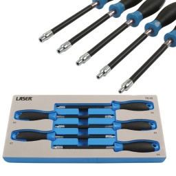 Jeu de tournevis flexible à douilles étoile, 5 pièces Accès facile grâce aux douilles étoile sur tournevis flexibles. Permet un accès « déporté » aux fixations. Tailles : E4, E5, E6, E7, E8. Idéal pour de nombreuses applications européennes, notamment pour freins, transmission, fixations d'admission d'air, colliers de durite BMW, etc. Tiges flexibles de 150 mm avec poignées à prise confortable. Encoches pour doigt et pouce pour une meilleure prise.