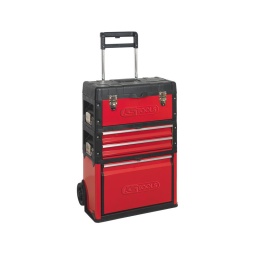 Servante à outils. en métal et pvc à 4 compartiments
- bas à outils amovilbe
- 2 tiroirs 
- 1 compartiment de rangement
- 2 roulettes
- poignée télescopique
- dim : 720x520x320mm pour 14.30kg