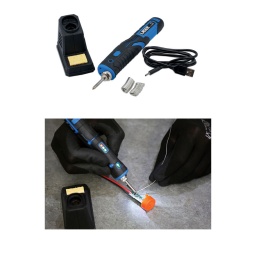 Fer à souder sans fil rechargeable de 8 W avec témoin de charge de batterie et LED incorporée, ce qui en fait un outil idéal pour une utilisation dans des zones faiblement éclairées comme les compartiments moteur et les habitacles de véhicules. Il comporte une batterie Li-ion de 1 800 mAh, pour une durée d'utilisation d'environ une heure, et atteint sa température de service en 7 s, dans une plage de 200 à 480 °C. Il est livré avec un support couvrant la panne, ce qui permet à cette dernière de chauffer et de refroidir en toute sécurité. Convient à une utilisation dans un atelier ou chez soi et idéal pour les techniciens automobiles, les électriciens, les bijoutiers, les modélistes et les bricoleurs.

Fer à souder sans fil de 8 W avec batterie Li-ion rechargeable (1 800 mAh). Des témoins de charge de batterie permettent d'identifier facilement les recharges nécessaires.
Livré avec un support de sécurité, une éponge de nettoyage, 2 bobines de fil de soudure sans plomb (d'environ 80 cm de longueur), un câble de charge USB à USB-C d'un mètre. Le fer à souder comporte un éclairage LED incorporé pour faciliter le travail de précision.
Temps de charge : 1,5 à 2 heures ; durée de fonctionnement en continu de 60 minutes (environ) ou 1 100 soudures. Atteint une température de service de 200 °C en 7 s. Température maximale de 480 °C.
Panne de rechange disponible, n° de référence Laser 8276. Pour un supplément de fil de soudure, voir les références Laser 8277 et 2297.
Conforme CE, UKCA et RoHS.