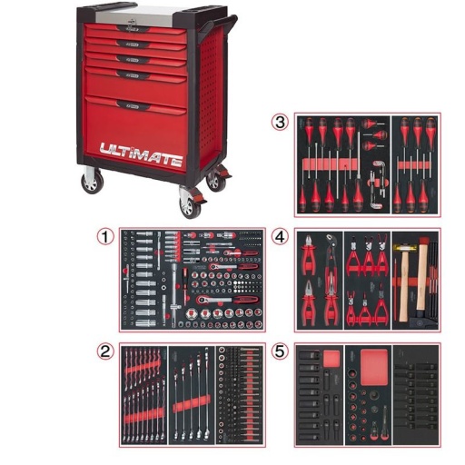 Servante Ultimate rouge 5 tiroirs avec composition 384 outils